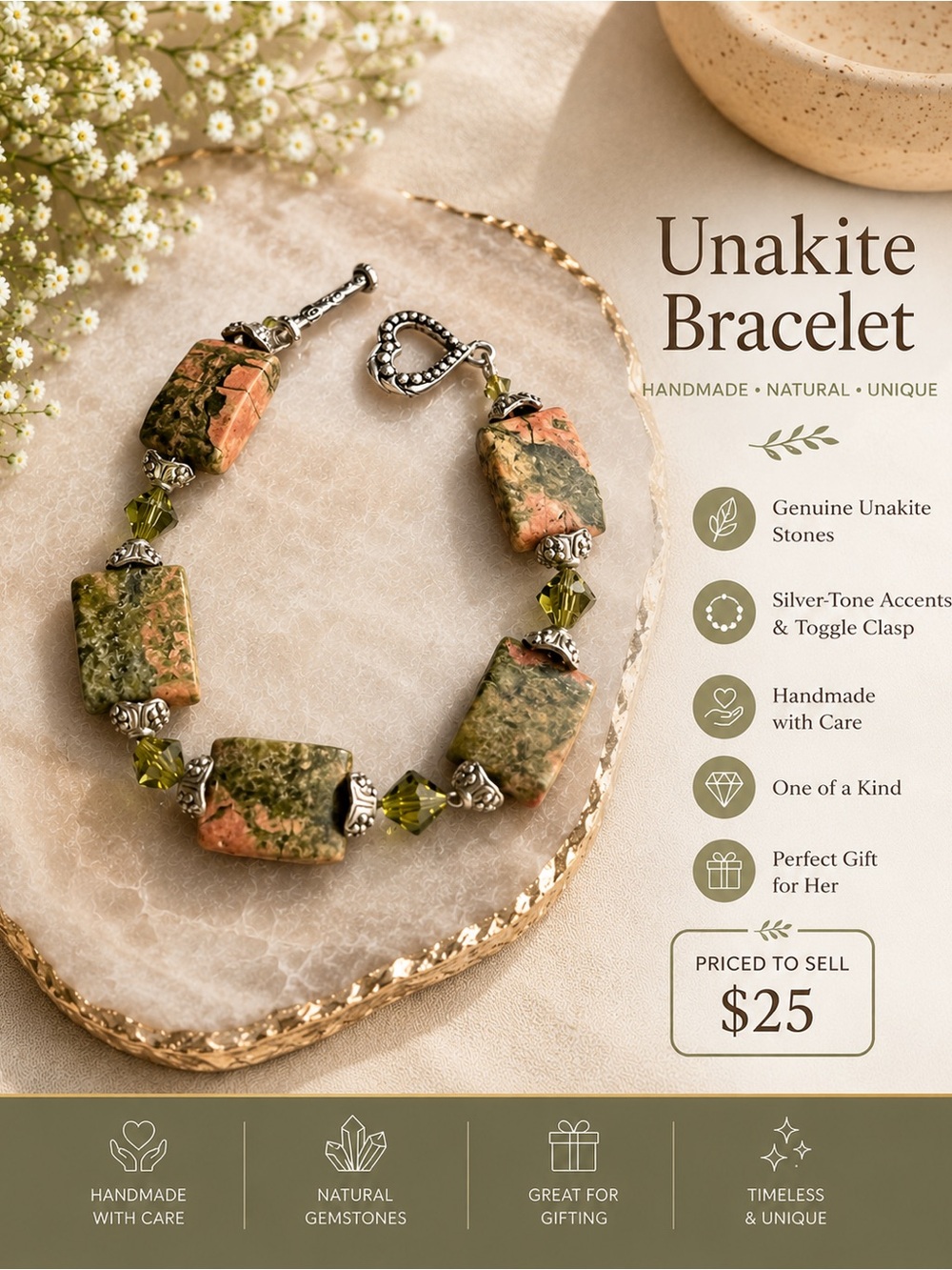 Natural Stone Unakite Green Crystal Silver Tone Statement Toggle Bracelet 7”
